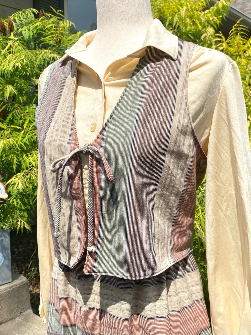 Vintage 70’s Kay Windsor Earth Tone Striped Dress and Vest Outfit Medium Large